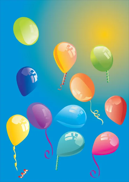 Andere kleur ballonnen in blauwe hemel — Stockvector