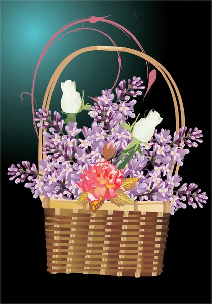 ライラック、バラの花の完全なバスケット — ストックベクタ