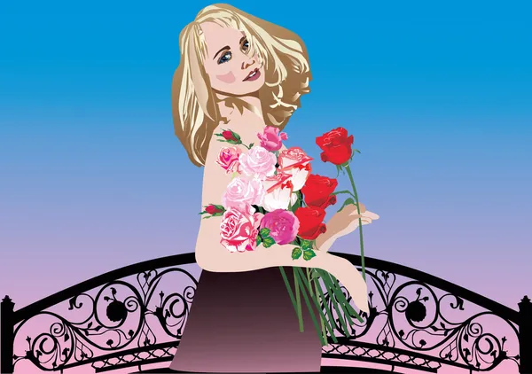 Femme avec des fleurs sur le pont — Image vectorielle