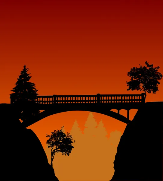 Bridge above precipice and sunset — Stock Vector
