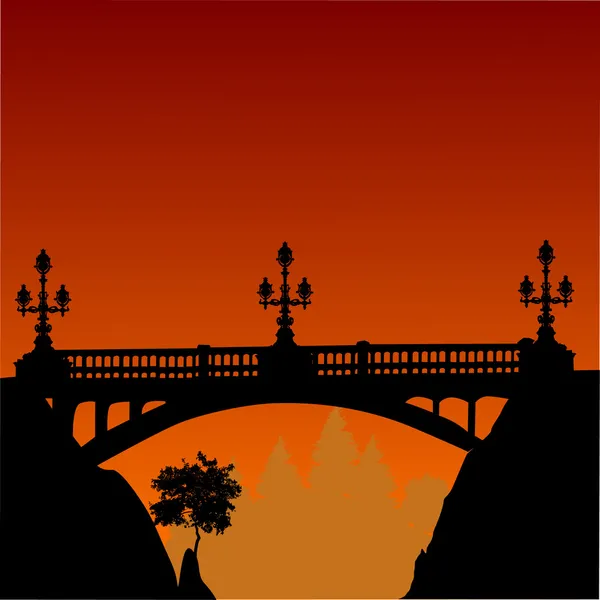Bridge with lamps and sunset — Stock Vector