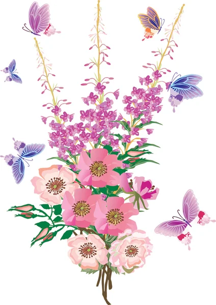 Pink brier decoration and butterflies — Stock Vector