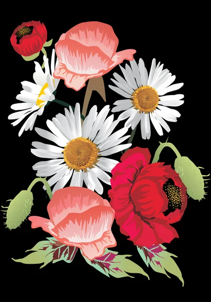 Red poppy and white chamomile decoration — Stock Vector