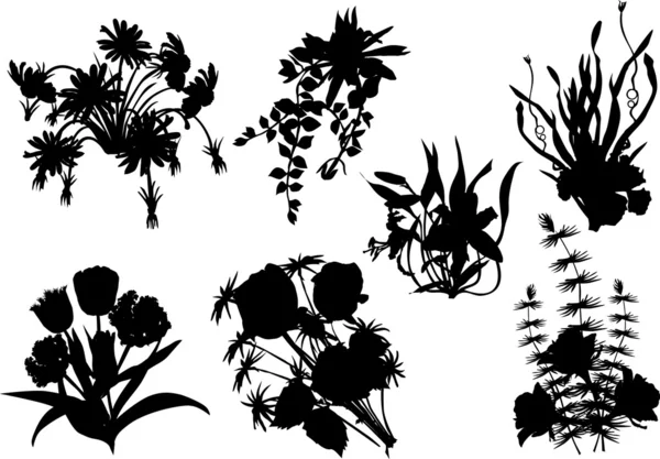 Yedi bitkilerin Silhouettes — Stok Vektör