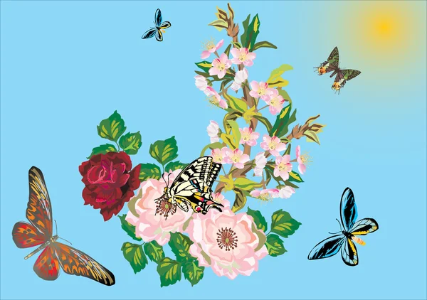Бабочки и розовые цветы на голубом фоне — стоковый вектор