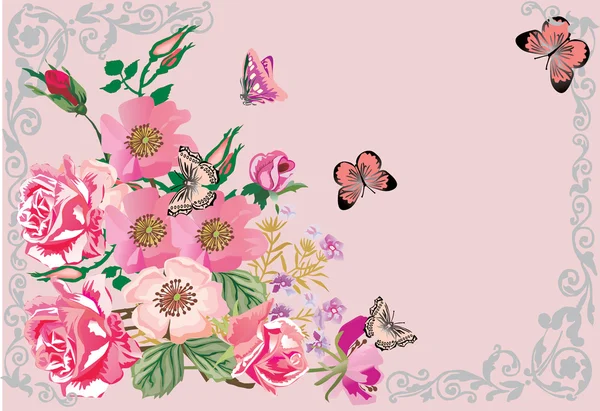 Butterflies on pink rose corner — Stock Vector