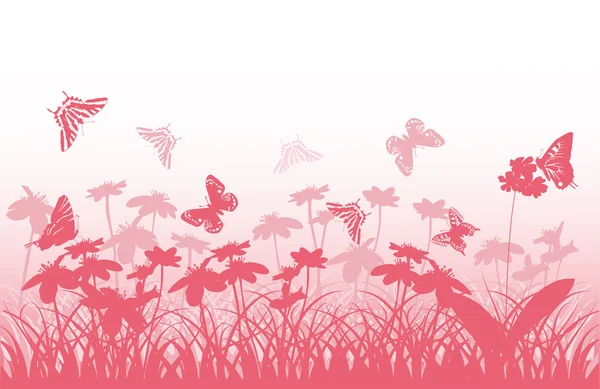 Roze silhouetten van vlinders en bloemen — Stockvector