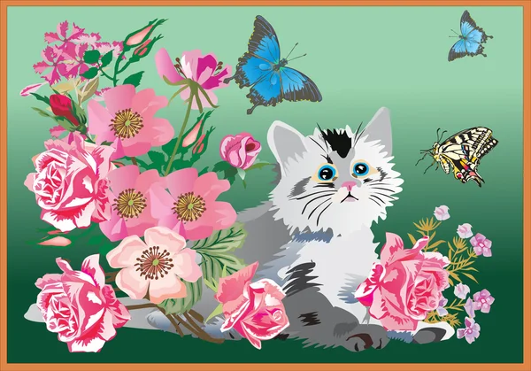 Kitten in bloemen — Stockvector