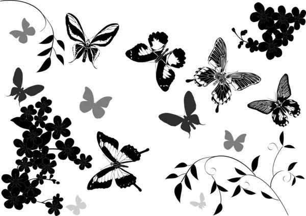 Çiçeklerin üstündeki gri ve siyah kelebekler — Stok Vektör