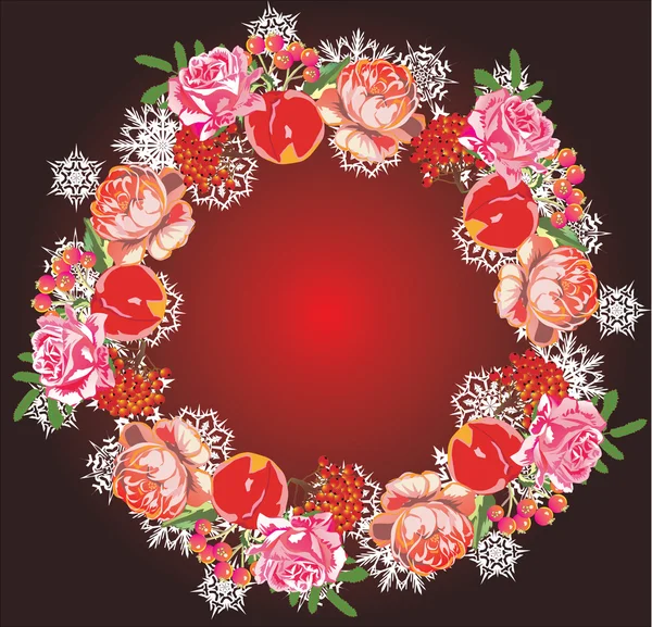 Rode rose en sneeuwvlok ring — Stockvector