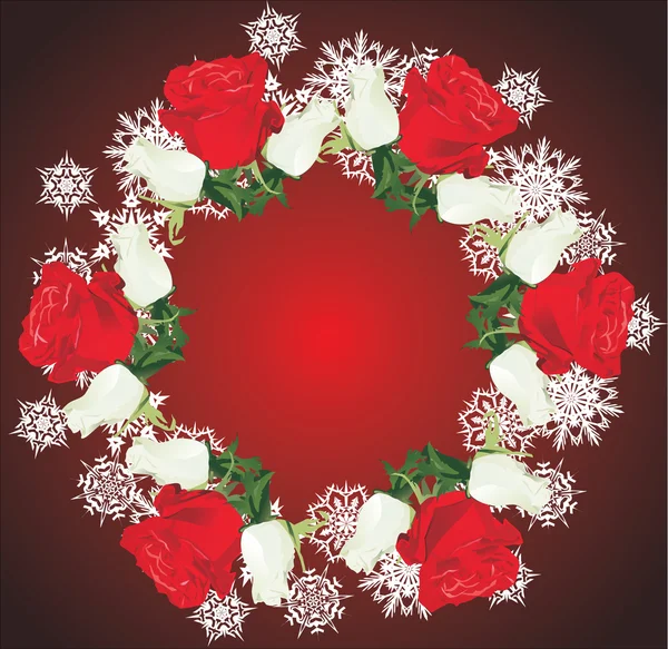 Round rose and snowflake frame — Stock Vector