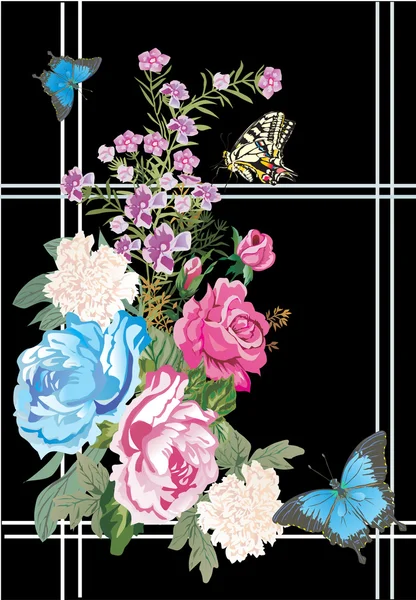 Mazzo di fiori e farfalle su nero — Vettoriale Stock