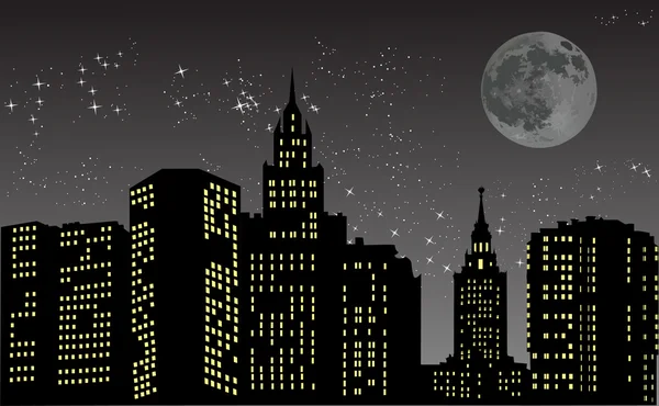 Noche ciudad bajo luna llena — Vector de stock
