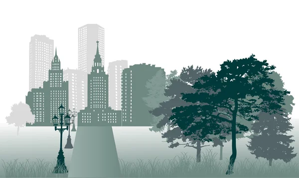 Sökväg, träd och staden illustration — Stock vektor