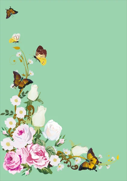 나비와 흰 장미 꽃 코너 — 스톡 벡터