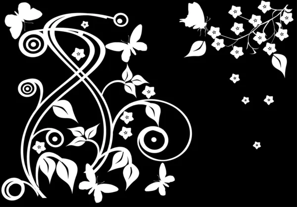白い花と蝶のシルエット — ストックベクタ