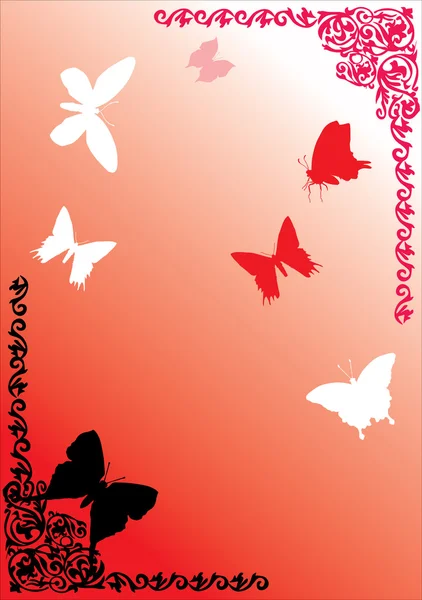 Rode vlinders in gekrulde frame — Stockvector