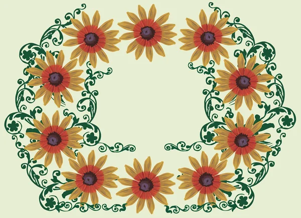 Gele bloem frame met groene krullen — Stockvector