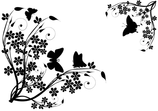 Cuatro mariposas negras y flores — Vector de stock