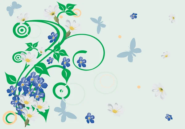 Flores blancas y azules con mariposas — Vector de stock