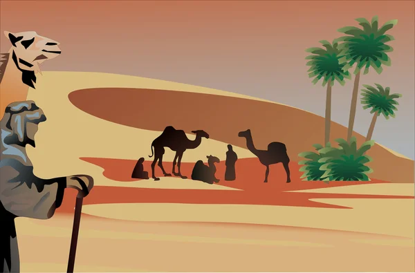 Kamelen in zand woestijn — Stockvector