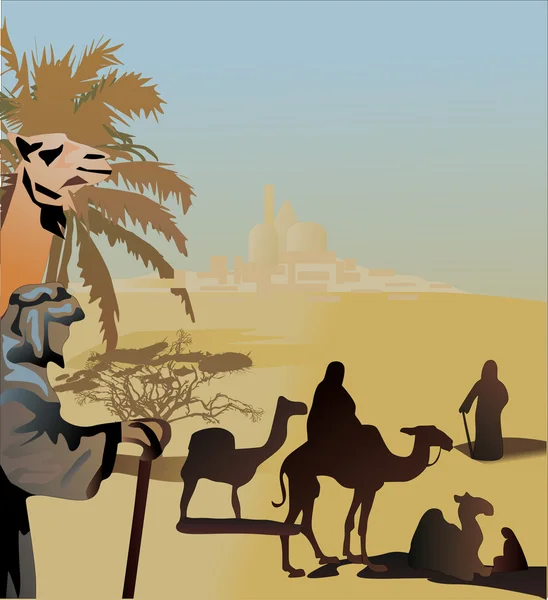 Desert landscape with camels — Stock Vector
