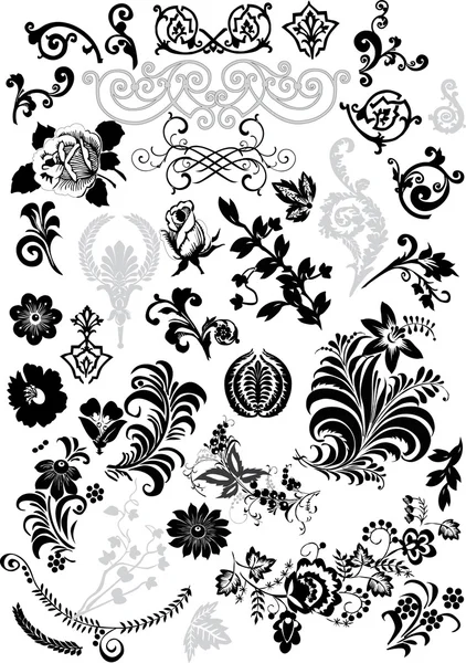 Negro rizado flor elemento conjunto — Archivo Imágenes Vectoriales