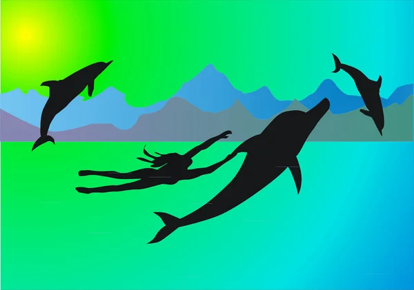 Mare, delfini e ragazza — Vettoriale Stock