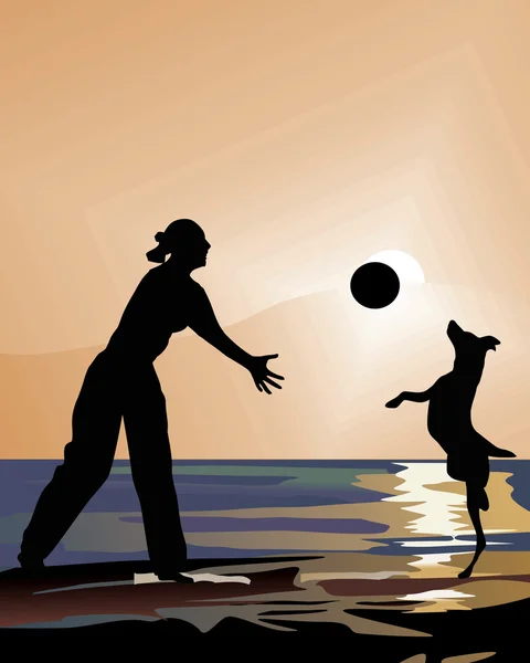 Frau und Hund spielen bei Sonnenuntergang — Stockvektor