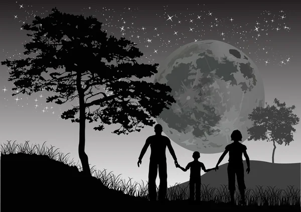Silhouette familiale sous les étoiles et la lune — Image vectorielle