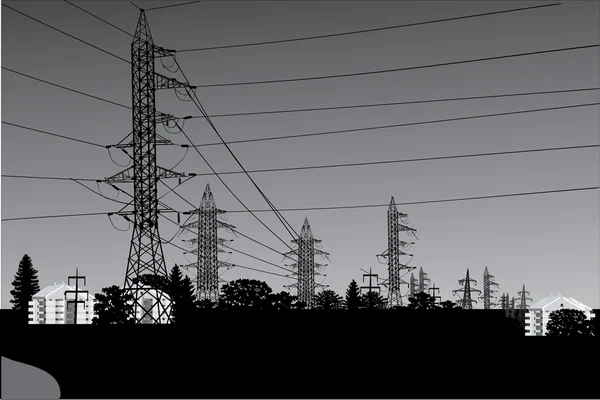 风景与高电压线 — 图库矢量图片