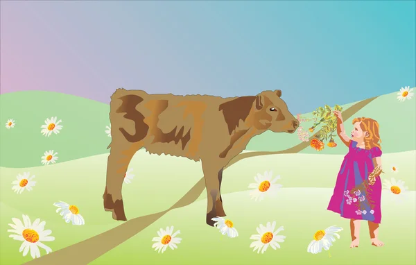 Дівчина і теля на полі квітів — стоковий вектор