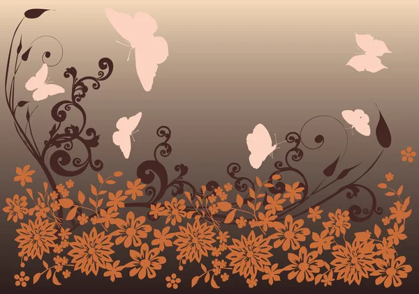 Vlinders in bruin bloemen — Stockvector