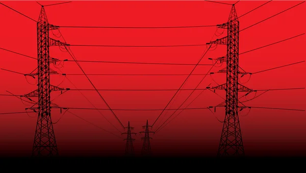 Hoog-voltage lijn op Rode zonsondergang — Stockvector