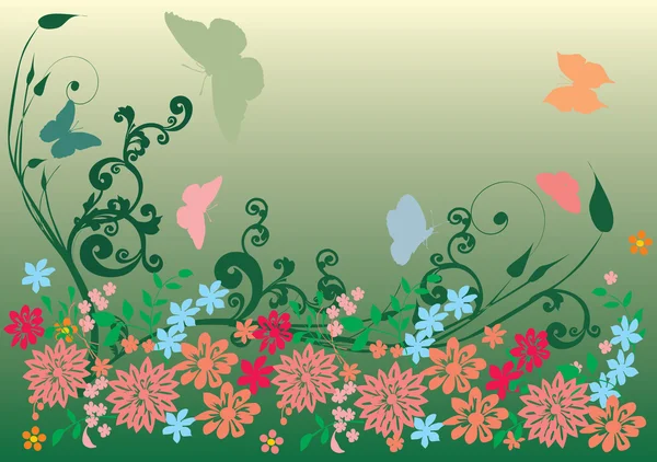 Grüne und rosa Schmetterlinge, Blumen — Stockvektor