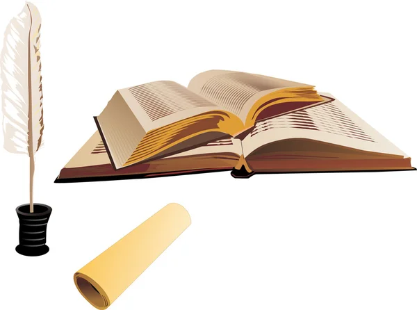 Libri, pergamena e piume — Vettoriale Stock