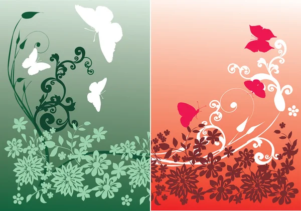 Zielony i czerwony ilustracja z motylami — Wektor stockowy