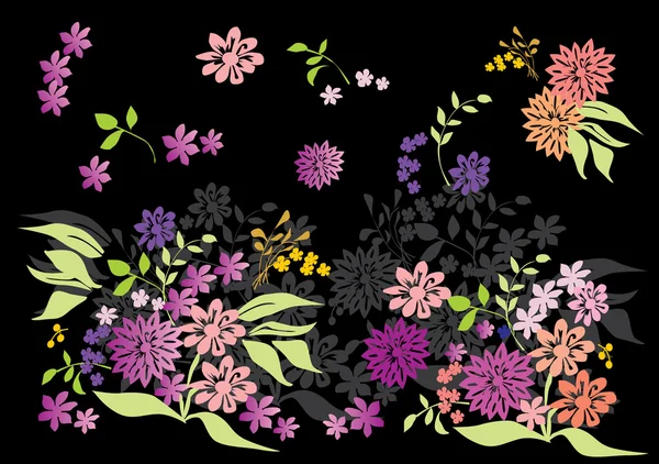 Different color flowers on black — Stock Vector
