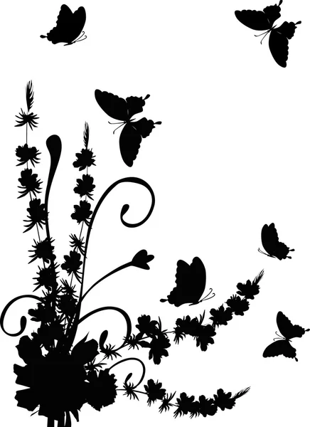 Black butterflies near flowers — Stock Vector