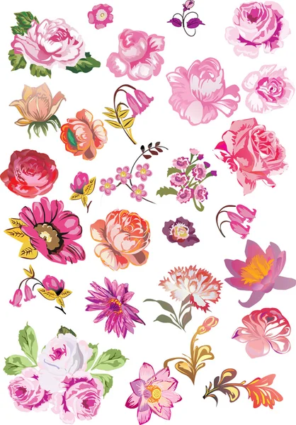 Large set of pink flowers — Stock Vector