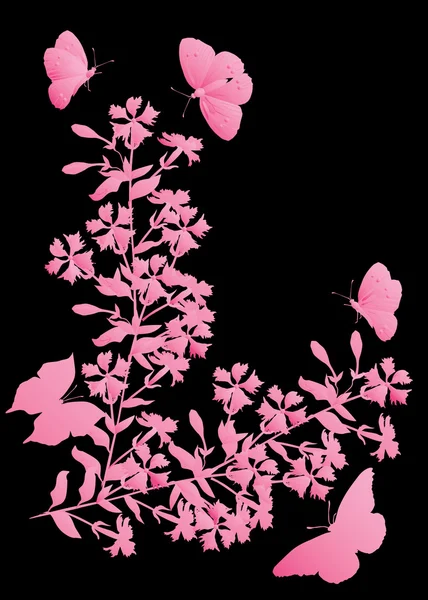 Бабочки и розовые цветы — стоковый вектор