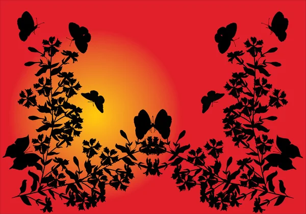 Бабочки и цветы на фоне заката — стоковый вектор