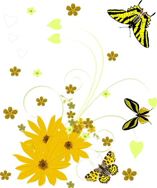 Żółte kwiaty kwiecisty z motylami — Wektor stockowy