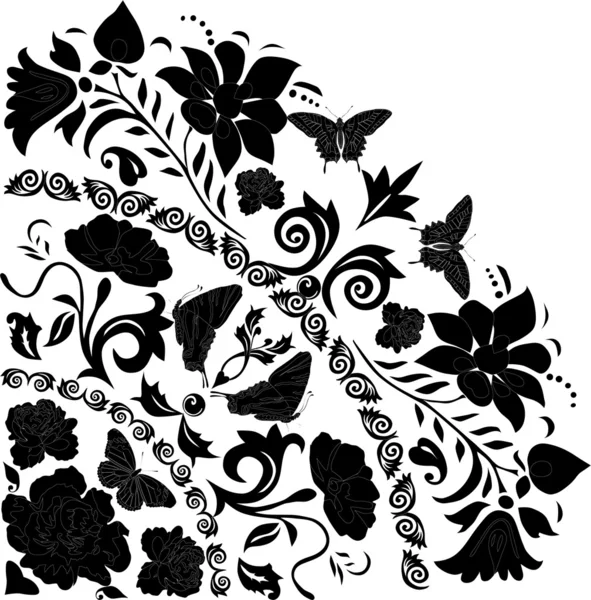 Černé motýly a květiny roh黒蝶と花のコーナー — Stockový vektor