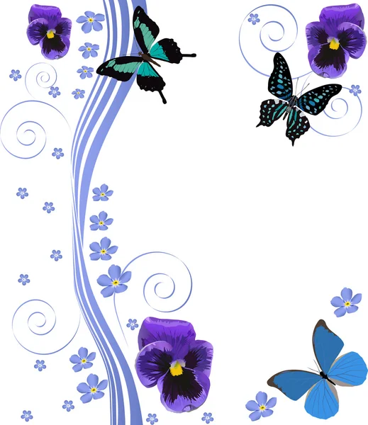 Flores azuis, borboletas e cachos —  Vetores de Stock