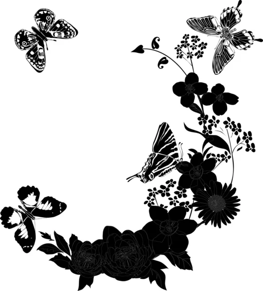 Cuatro mariposas negras y flores — Archivo Imágenes Vectoriales