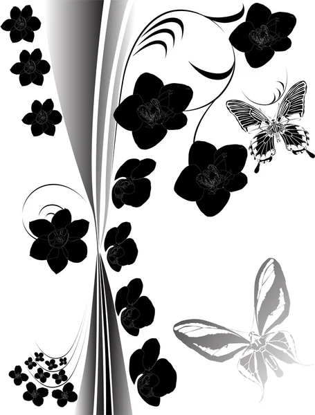 Butterflies and flowers black design — Stock Vector