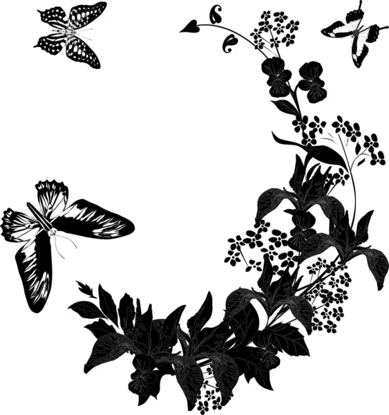 Schwarze drei Schmetterlinge und Blumen — Stockvektor