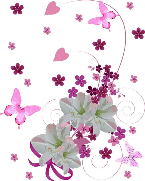 Farfalle rosa e ricciolo di fiori — Vettoriale Stock