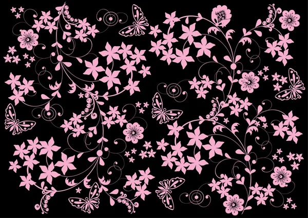 Rosa auf schwarzem Hintergrund mit Schmetterlingen — Stockvektor